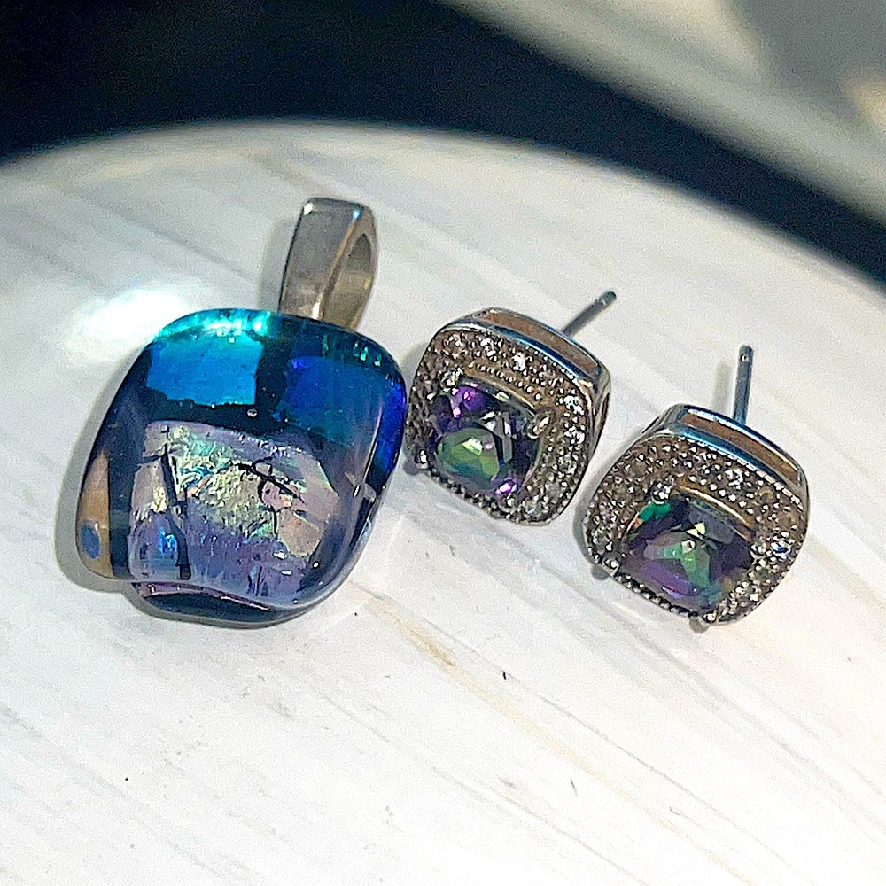 Mystic Fire Topaz Cushion Cut Stud Earrings & Dichroic Fused Glass‎ Foil Pendant